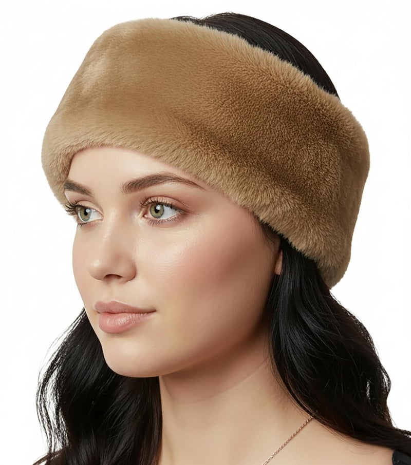 Funky Junque Fuzzy Headbands for Women – Fluffy Faux Fur Ear Warmer Head band, Warm Winter Furry Ear Muff Head Wrap Cozy Fit - Camel - Image 1